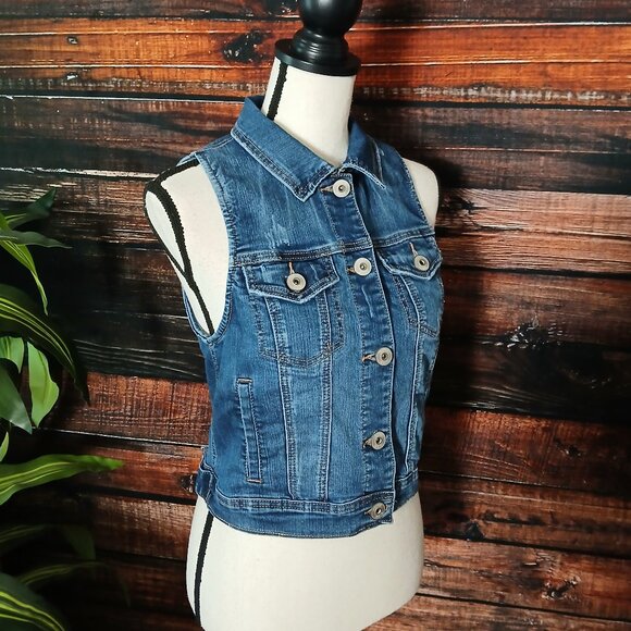Vanity Y2K Denim Vest Size M Blue Jean Button Front Distressed Cropped - Picture 4 of 10